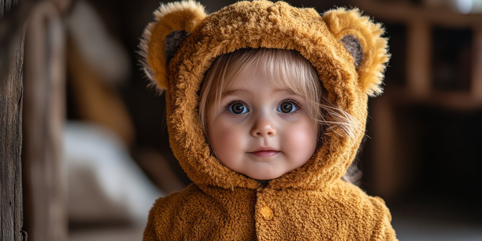 Cute toddler in bear costume smiles cheerfully indoors during a cozy afternoon
